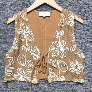 LA February Cropped‎ Floral Vest Women Size S Brown Embroidered Tie Front Boho